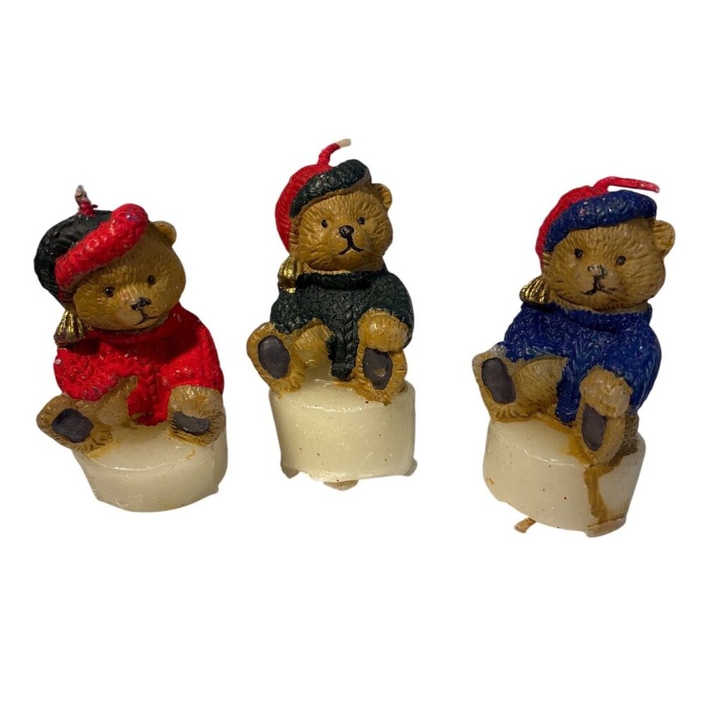 Sitting Bear Candles Set Of 3 With Knit Sweater & Hat Design 3" Vintage Tealight